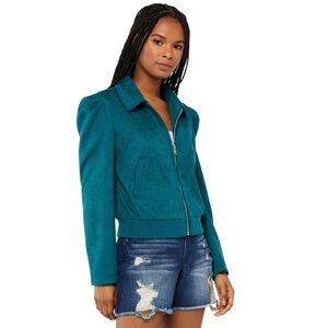 NEW Scoop Long Puff Sleeve Modern Fit Single-Breasted Faux Suede Green Jacket L